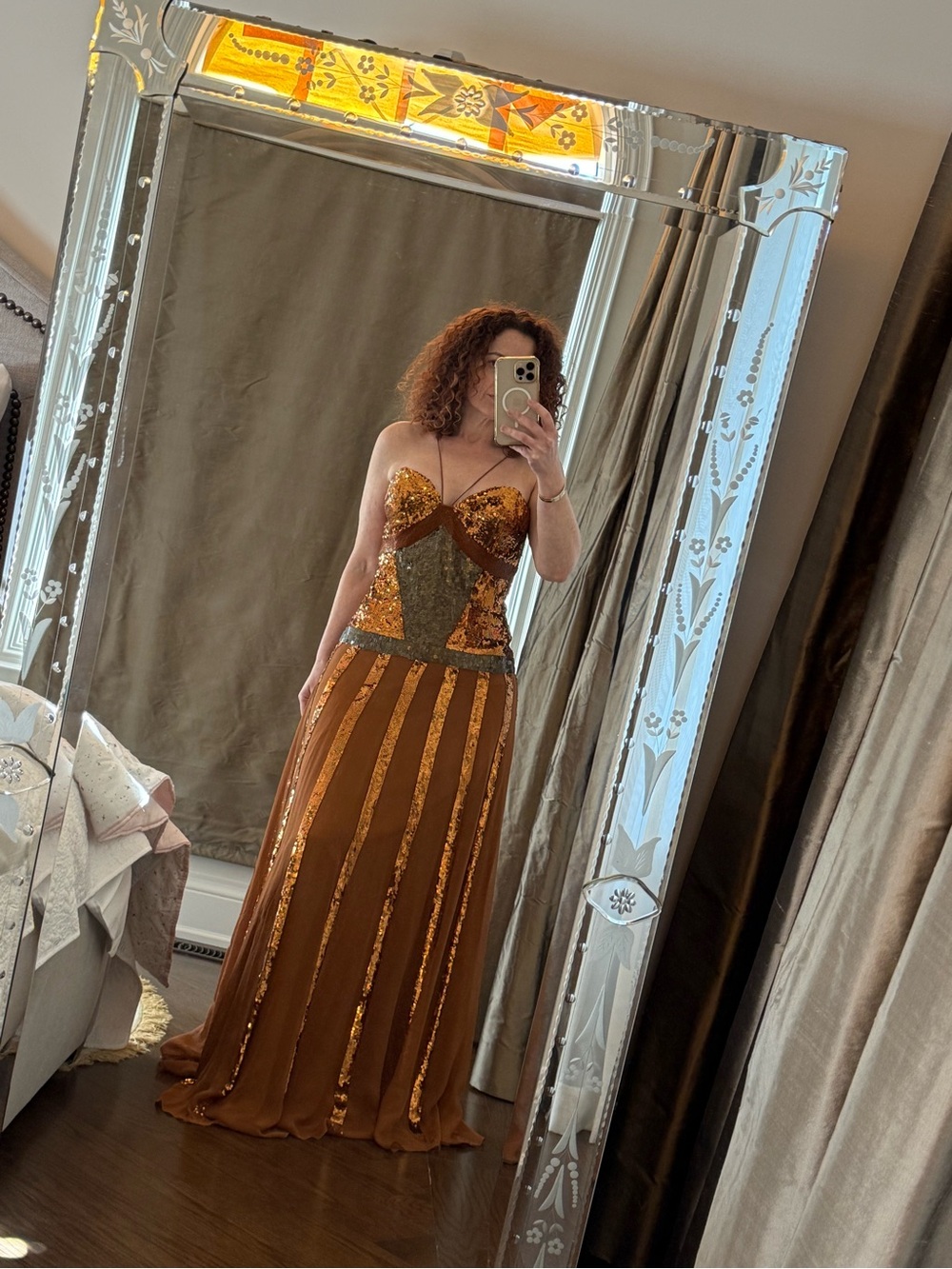 Sequined Copper Evening Gown with Strappy Bodice size 12 Amanda Linas